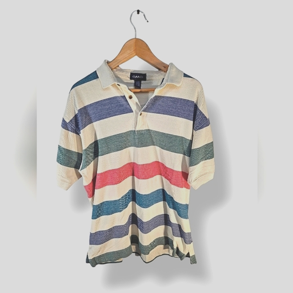 Vintage Y2K Large Barbie Allen Striped Short Sleeve White Collar Multicolor Polo